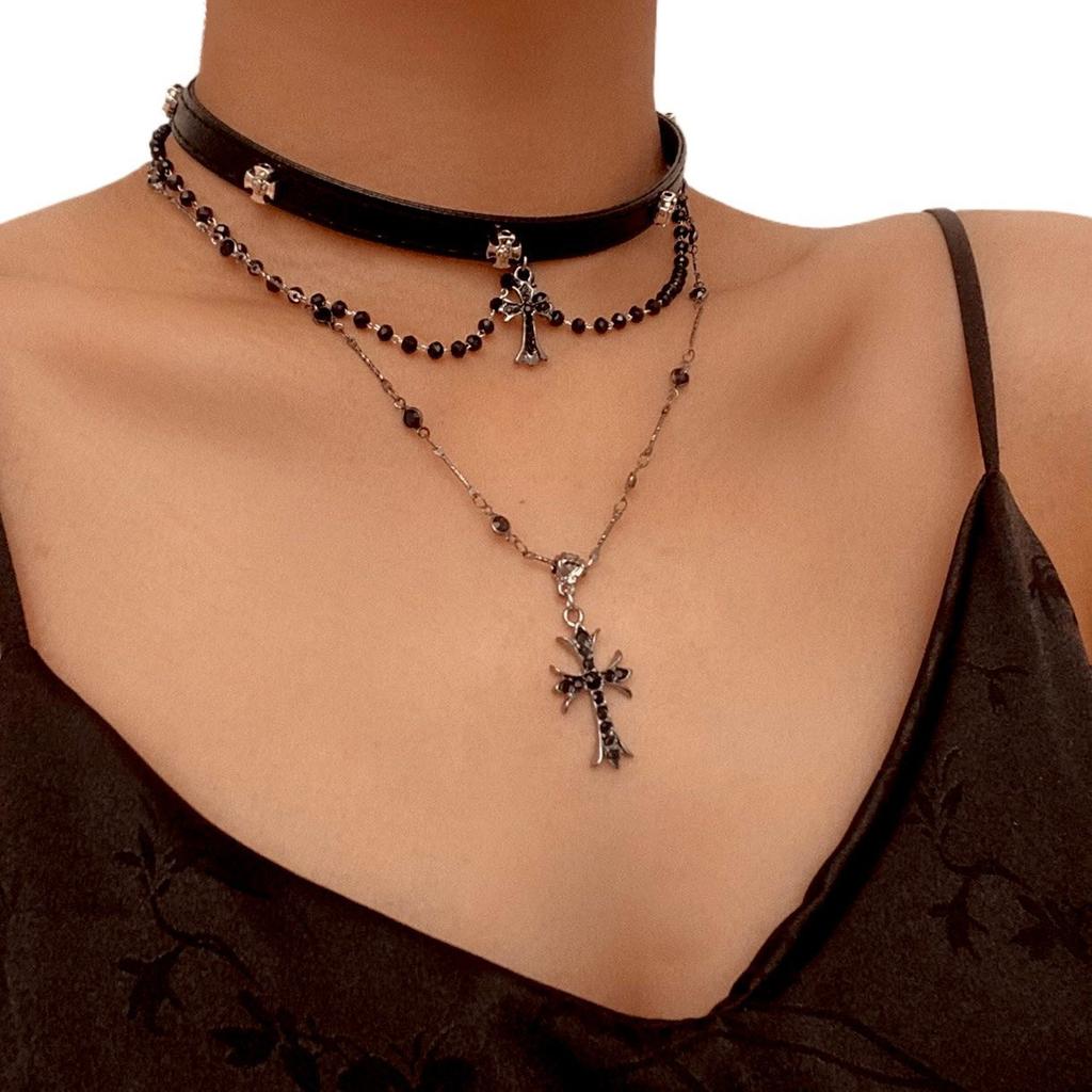 European and American Jewelry Gothic Cross Multi-layer Beaded Necklace Heavy Industry Versatile Medieval Niche Collarbone Chain Women