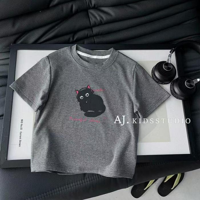 2026 Summer Girls Cartoon Black Cat T-shirt & Plaid Skirt Set 120 cm