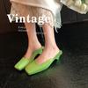 Grape Mom 2025 Summer New Square Head Bag Head Satin Triangle Heel Muller Sandals Women Summer Outer Slippers Women
