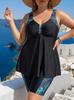 European-American Plus Size Tankini: Black Feather Print 6X Swimwear with Skirted Bottoms