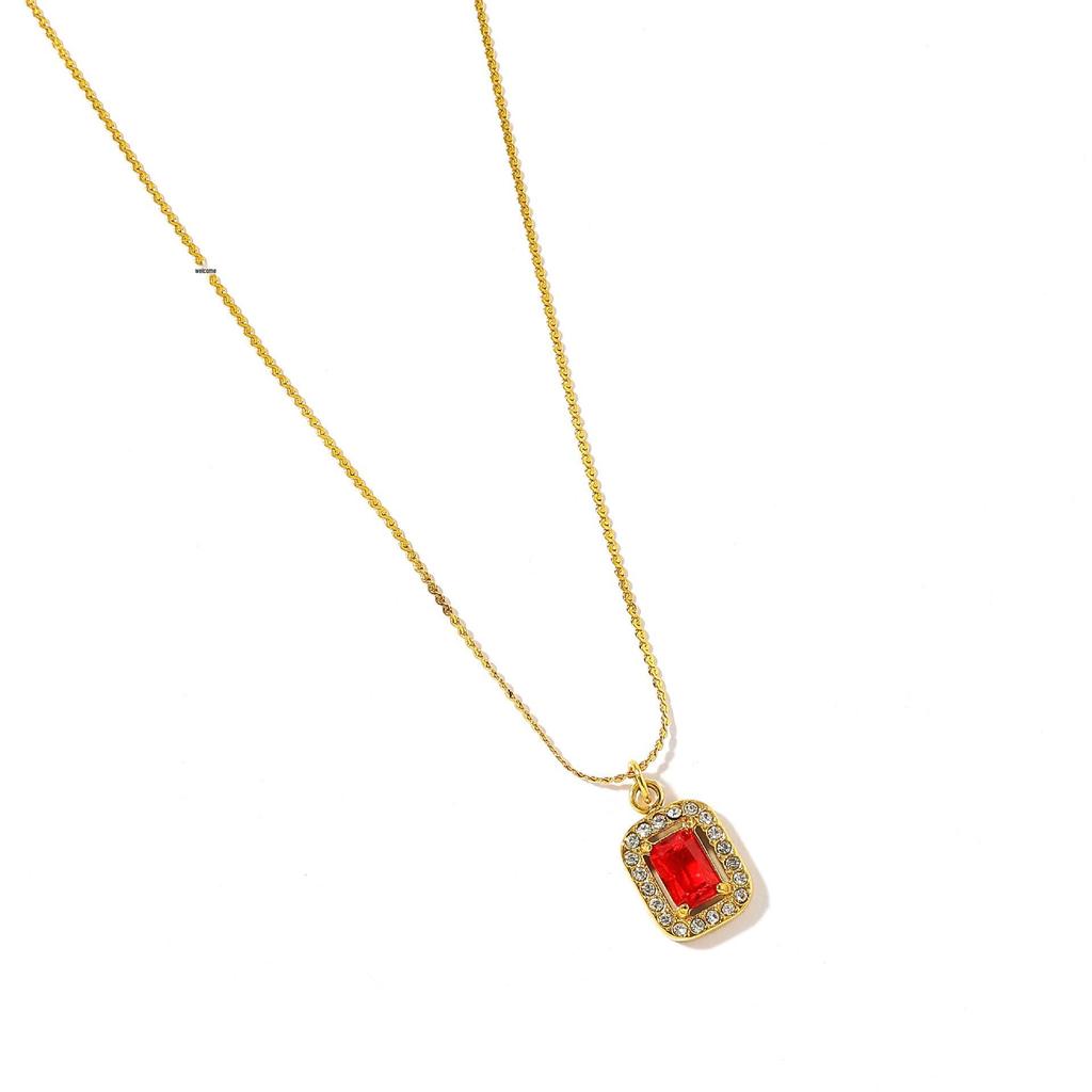 18K Gold Plated Stainless Steel Necklace with Red Zirconia – Titanium Steel, European and American Design for Women