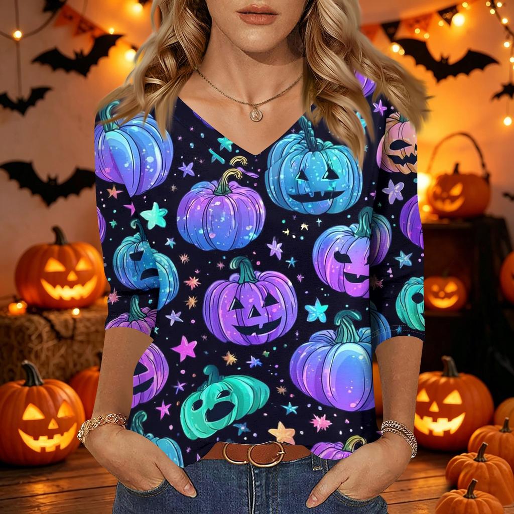 Womens Casual Halloween Print V Neck Three Quarter Sleeve Top Lightweight Stretchy Blouse for Fall Seasonal Wear
