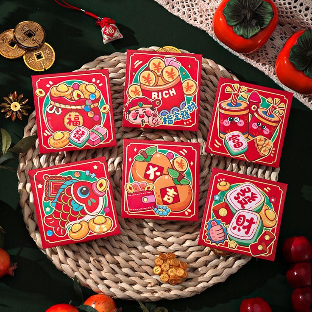 6Pcs Cartoon 2025 Red Envelope Bag Thickened Cute Lucky Red Pocket Gold Stamping New Year Red Packet Spring Festival
