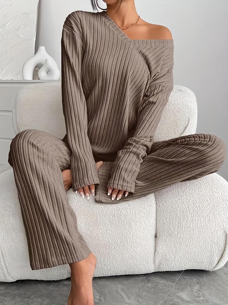 2025 European/American Autumn/Winter Striped Casual Set: V-neck Long-Sleeve Top & Straight-Leg Pants.