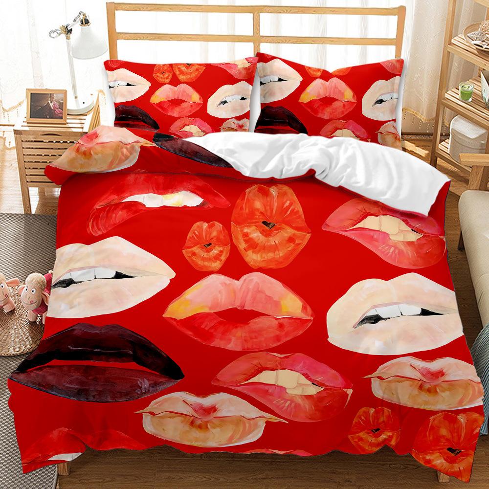 Sexy Lips Three-Piece 3D Digital Printing Ground Red Quilt Cover Bedding Kit