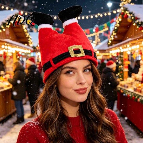 Christmas Party Hats for Adults Kids Elf Hat Soft Flannel Santa Cap with Pom Bell Colorful Themed Costumes Kids Stretchy Holiday Headwear,