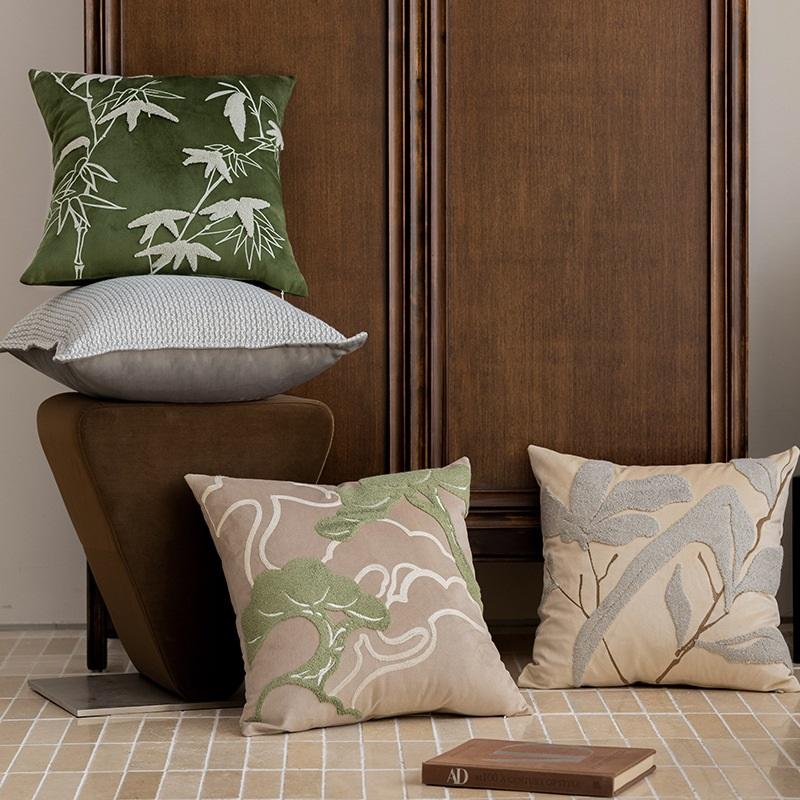 Chinese Bamboo Leaf Embroidered Pillow Cover Modern Luxury Sofa Cushion Cover Bedside Soft Pillowcase Decorative Pillowcase