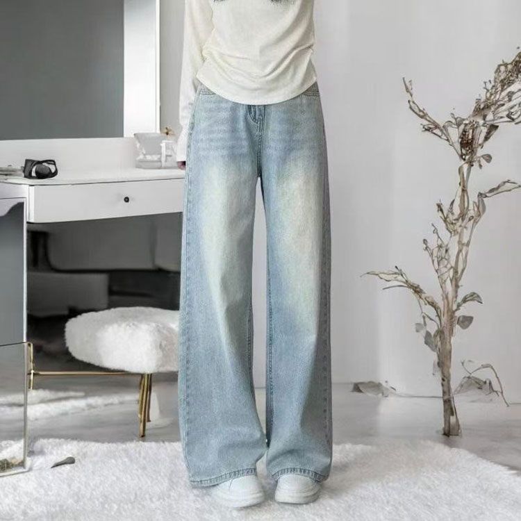 Straight Wide Leg Jeans Women's Big Yard Autumn High Waisted Loose Draped Dragged Pants Retro High Waist Street Style Baggy Long Jeans for Ladies