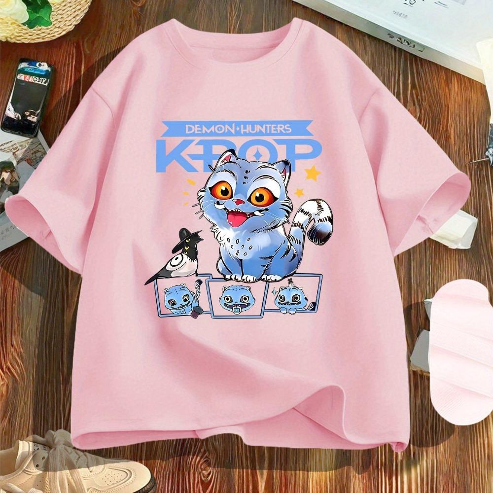 Kpop Demon Hunter Cute Cartoon Demon-hunters Keep T-shirt Round Neck Casual Summer Top Print Machine Washable Regular Fit Tee