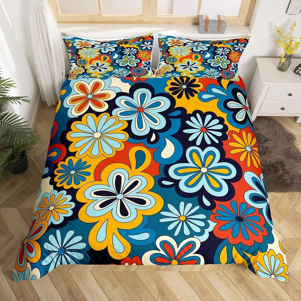 Exotic Floral Duvet Cover Abstract Geometric Bedding Set Microfiber Flowers Leaves Comforter Cover King For Girls Adult Bedroom