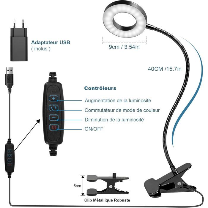 Schreibtischlampe - 360° flexibel - 3 Lichtmodi - 10 Helligkeitsstufen - USB Schwarz