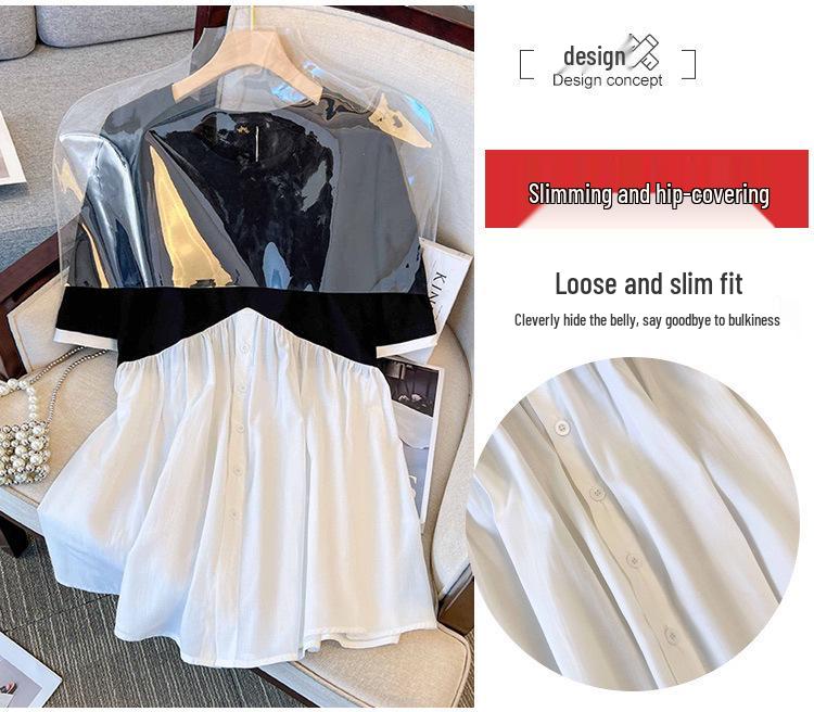 Plus Size Irregular Patchwork Dress - Short-Sleeved Summer Top for Women (120-350 Jin)