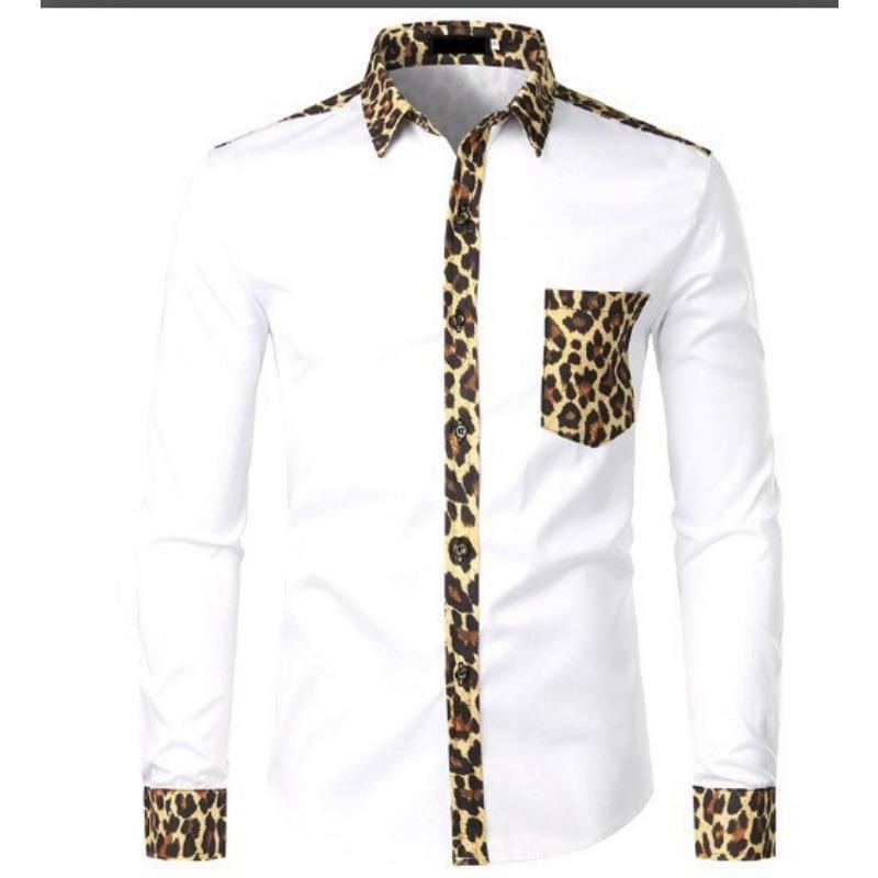 

Men s Black Leopard Print Patchwork Long Sleeve Autumn Casual Shirt 2XL