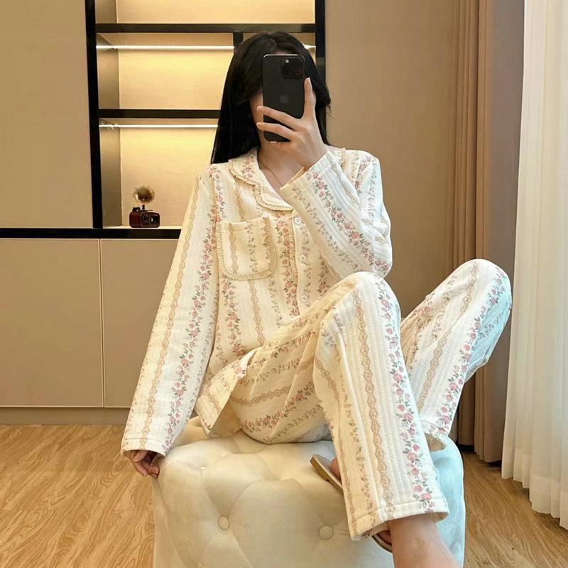 

Женский милый осенне-зимний пижамный комплект - Теплый хлопок с лацканами, длинными рукавами и брюками XL (approx. 130-145 lbs)