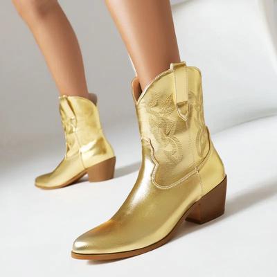 2024 Women's Boots Mature Elegant Chelsea Boots Square Heel Vintage Fashion Embroidered Western Cowboy Short Boot Women Shoes