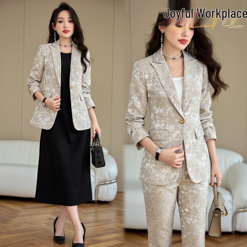 

Women s Slim Fit Satin Jacquard Blazer - National Style Beige Suit, Autumn 2024 Collection 2XL