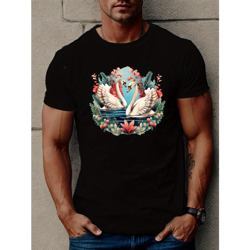 

European sizes Swans Print T Shirt, Tees For Men, Casual Short Sleeve T-shirt For Summer 4XL чорний