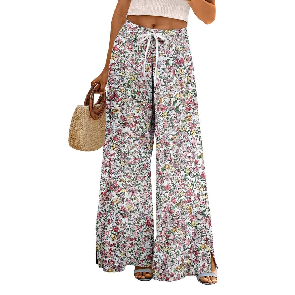Damen Sommer Boho Palazzo Hose Hohe Taille Weites Bein Blumendruck Freizeithose Mit Taschen