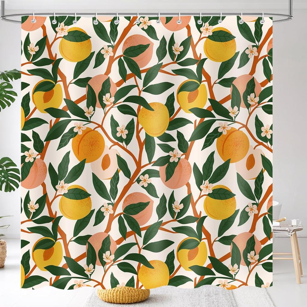 Peach Shower Curtain with Vibrant Cute Bright Colorful Fruit Design, Pink and Orange Home Decorative Fabric Bath Curtain