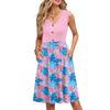 Women Summer Printing Dresses Sleeveless Casual Loose Swing Button Down Midi Sundress With Pockets