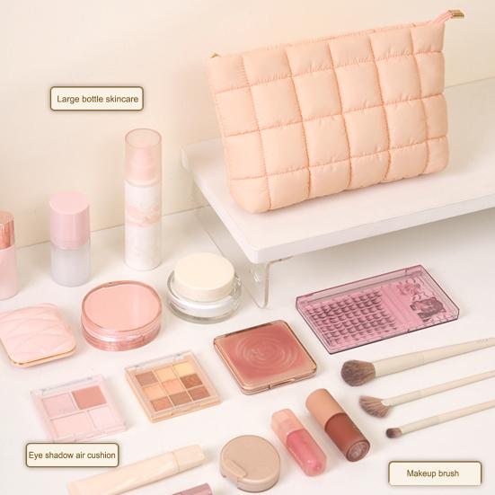 Cosmetic Bag Compact Quilted Makeup Bag with Top Zipper Closure Spacious Inner Pocket Travel Organizer Handbag Makeup Pouch