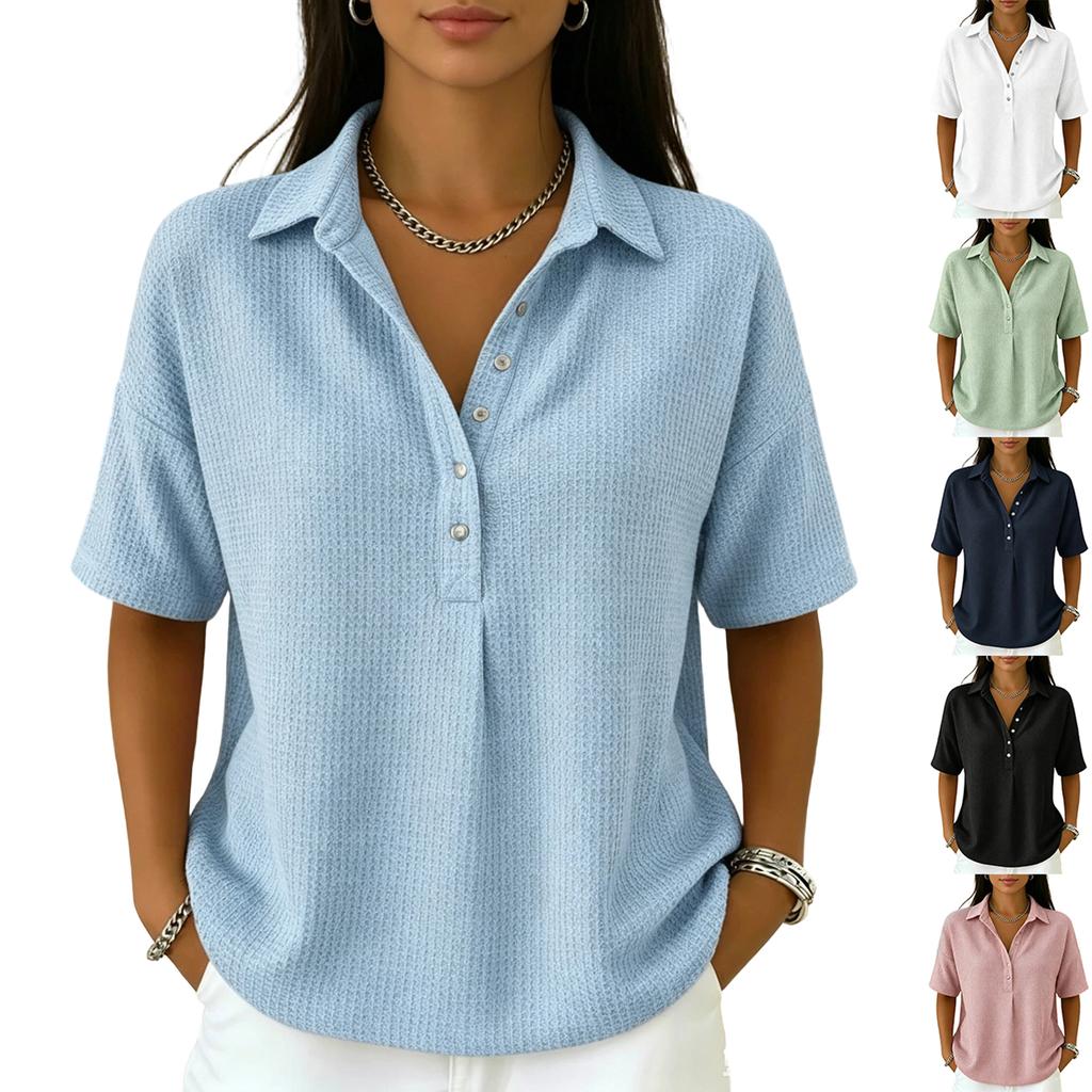 Women's Casual Waffle Knit Polo Shirt Short Sleeve Button Up Relaxed Fit Lightweight Top for Everyday Wear