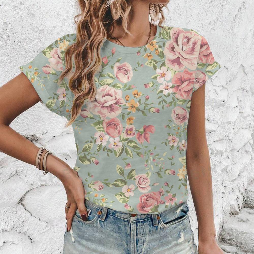Elegant Simple Loose Women's T-shirt Summer Breathable Comfortable Round Neck T-shirt Fashion Vintage Flower Print T-shirt