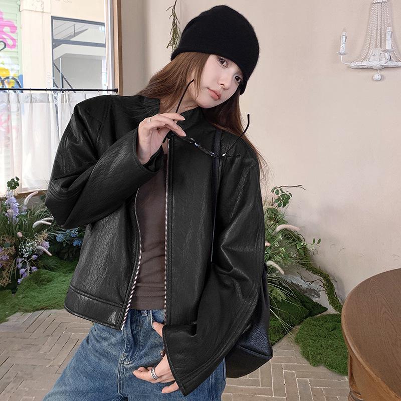 American Ankola Women's Red Retro PU Leather Jacket - Autumn 2024 Fashion