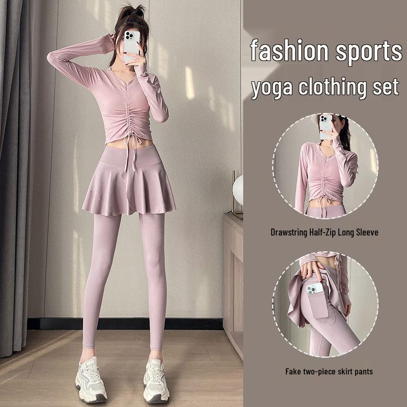 

Женский костюм для йоги: Высококачественная одежда для фитнеса 2025 с юбкой-брюками для бега, тенниса осень-зима M