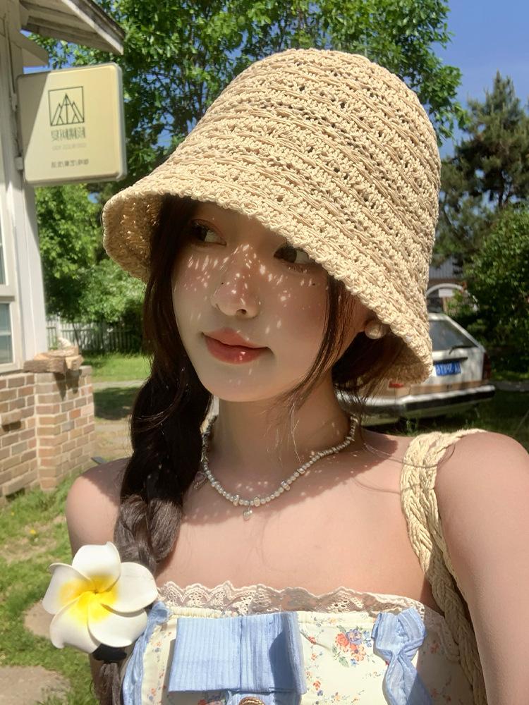Straw hat women's new summer models show face small seaside bucket hat sunshade versatile bucket hat outing basin hat