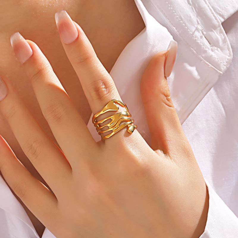 Stainless Steel Metal Wide Geometric Open Rings For Women Men Exaggerated Gold Color Irregular Texture Rings Jewelry Gift 2024