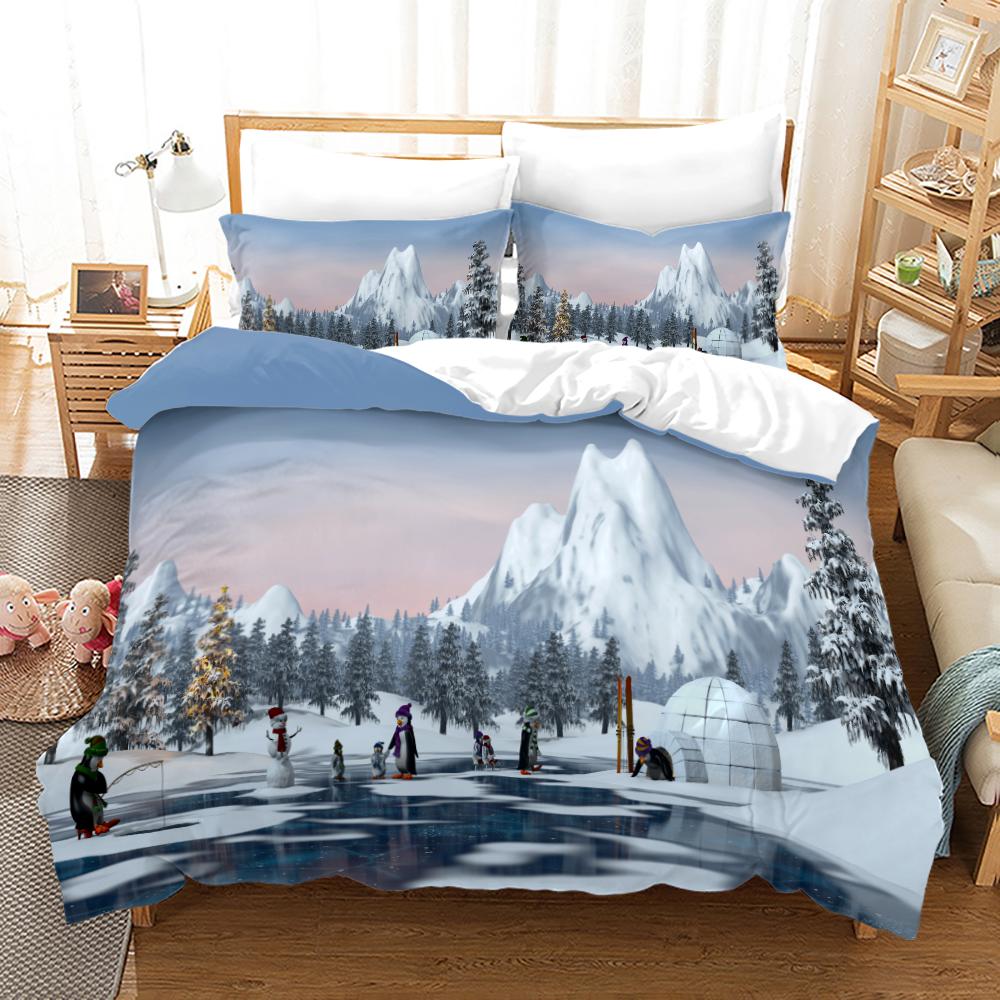 Antarctic Penguins Duvet Cover Set For Kid Girl Boy Cute Animals Polyester Comforter Cover Black White Print Bedspread King Size