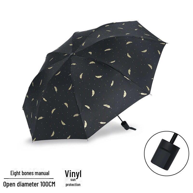 Kompakter, dreifach faltbarer Sonnen- und Regenschirm mit goldgeprägter Feder und UV-Schutz