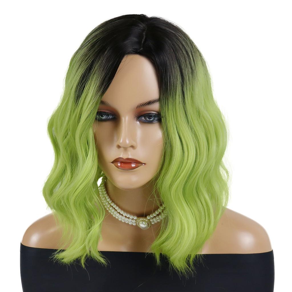 Synthetic Hair Green Wigs for Women Short Curly Wavy Wig with Side Part Bangs Heat Resistant Girls Party Halloween Cosplay Wig