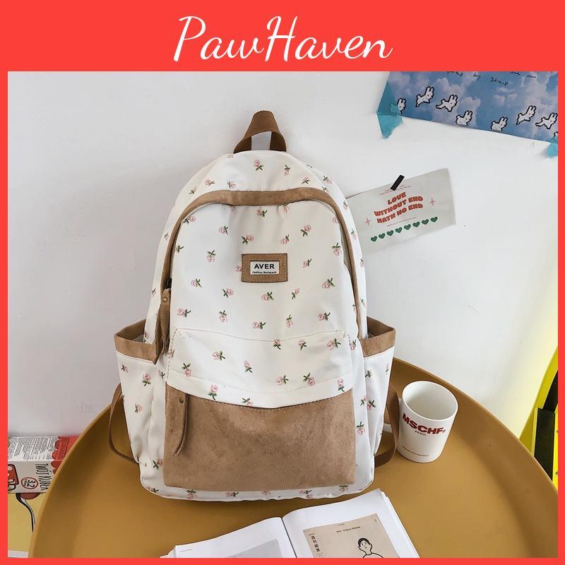 Blocked Fashionable Color Flower Pattern Letter Decor Student Backpack Casual