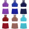 Kinder Danskleding Vest met Rugloze Kruisrug Ontwerp Halter Nek Mouwloos en Glanzende Strass Riem Short voor Kunstschaatsen