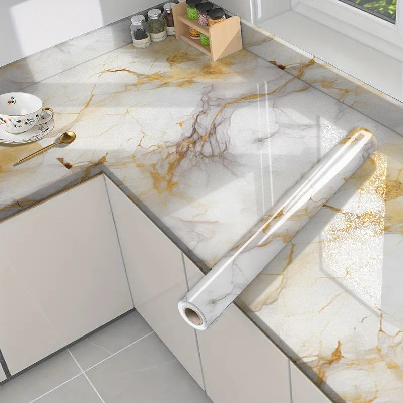 Self-Adhesive Gold Foil Marble Wallpaper Peel & Stick, Waterproof Oil-Proof Kitchen Backsplash Countertop Sticker, 5-Layer PET Wall Decal for Furnitur