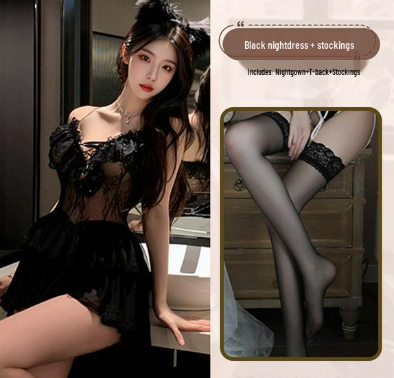 Meinaier Temptation Lace Camisole Nightdress: Sexy, See-Through, Cutout Design with Tie-Up Closure