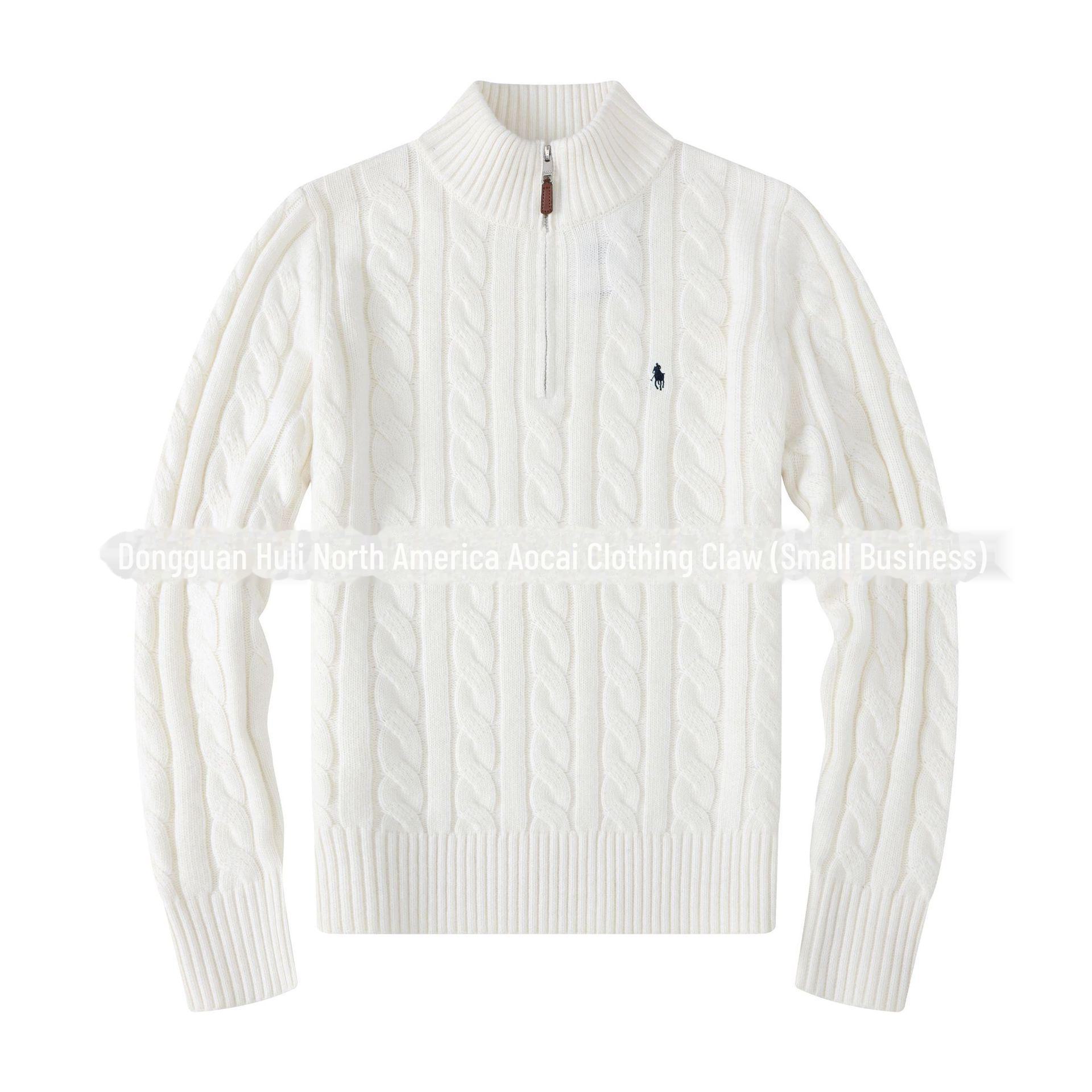 

Мужской шерстяной свитер на молнии с логотипом RL Pony - воротник-стойка, повседневный стиль S белый