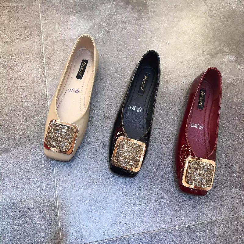 Fashion Flat Shoes for Women 2025 Spring and Autumn New Square Toe Patent Leather Rhinestone Ladies Shoes Women's Plus Size 42 43 44