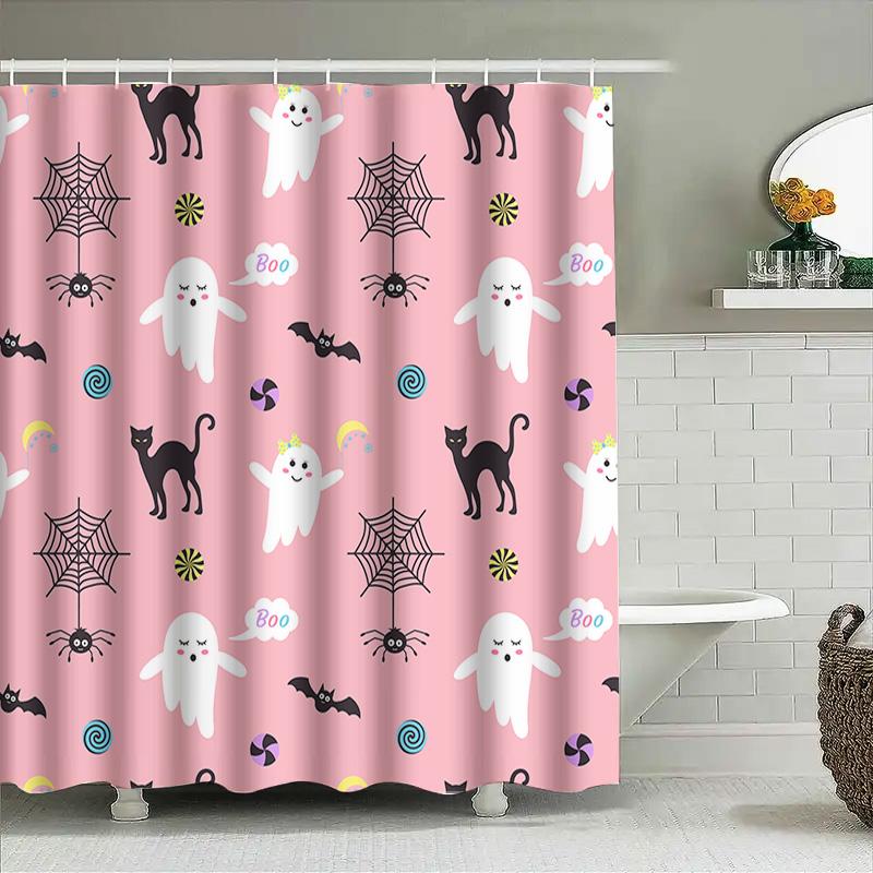 Haunted House Shower Curtain Halloween Decor Pink Ghosts Spiders Black Cats Pattern Home Decoration For Bathrooms 72X72 Inches S