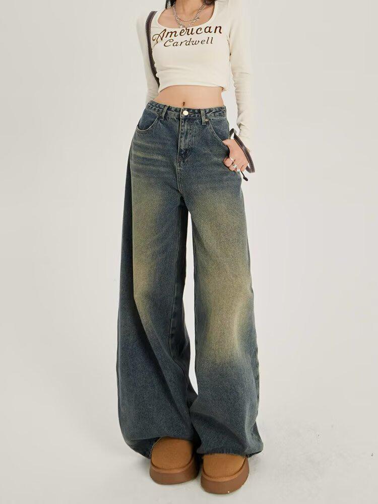 Women s High-Waisted Wide-Leg Retro Jeans - Spring/Autumn Trendy Floor-Length Pants Extra Small