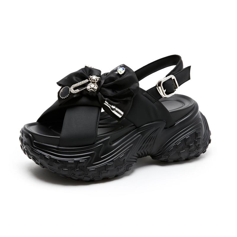 Sandals Summer 2025 New Leather Cross with Metal Bow Small Muffin Platform Roman Women's Shoes