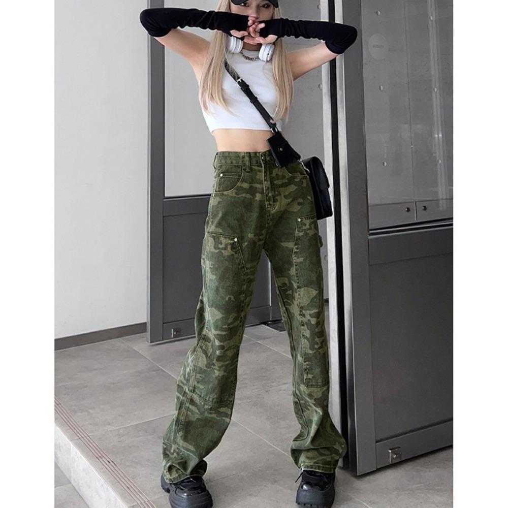 Camouflage-Overall Frühling High Street Locker Herbst Neu Hohe Taille Schmale Version Weites Bein Dünne Wischjeans