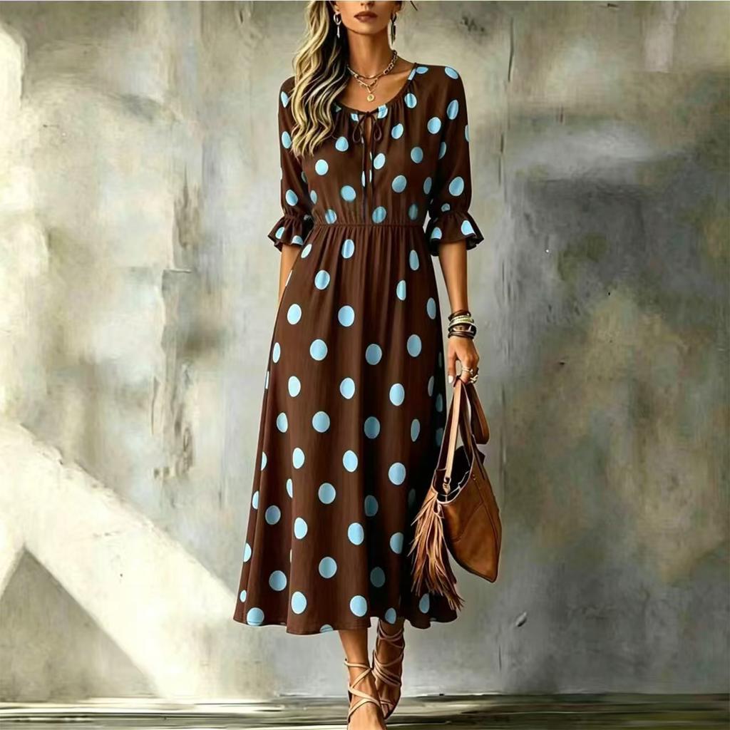 Damen Polka Dot Print Schmeichelhaftes Taillenbetonendes Midi-Kleid für Urlaub und Resort