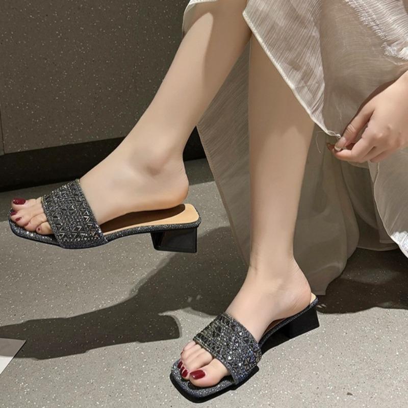 Fashion Stylish Square Heel Slippers Summer New Square Toe Open Toe Rhinestone Strap Anti-slip Wear-resistant Kitten Heels