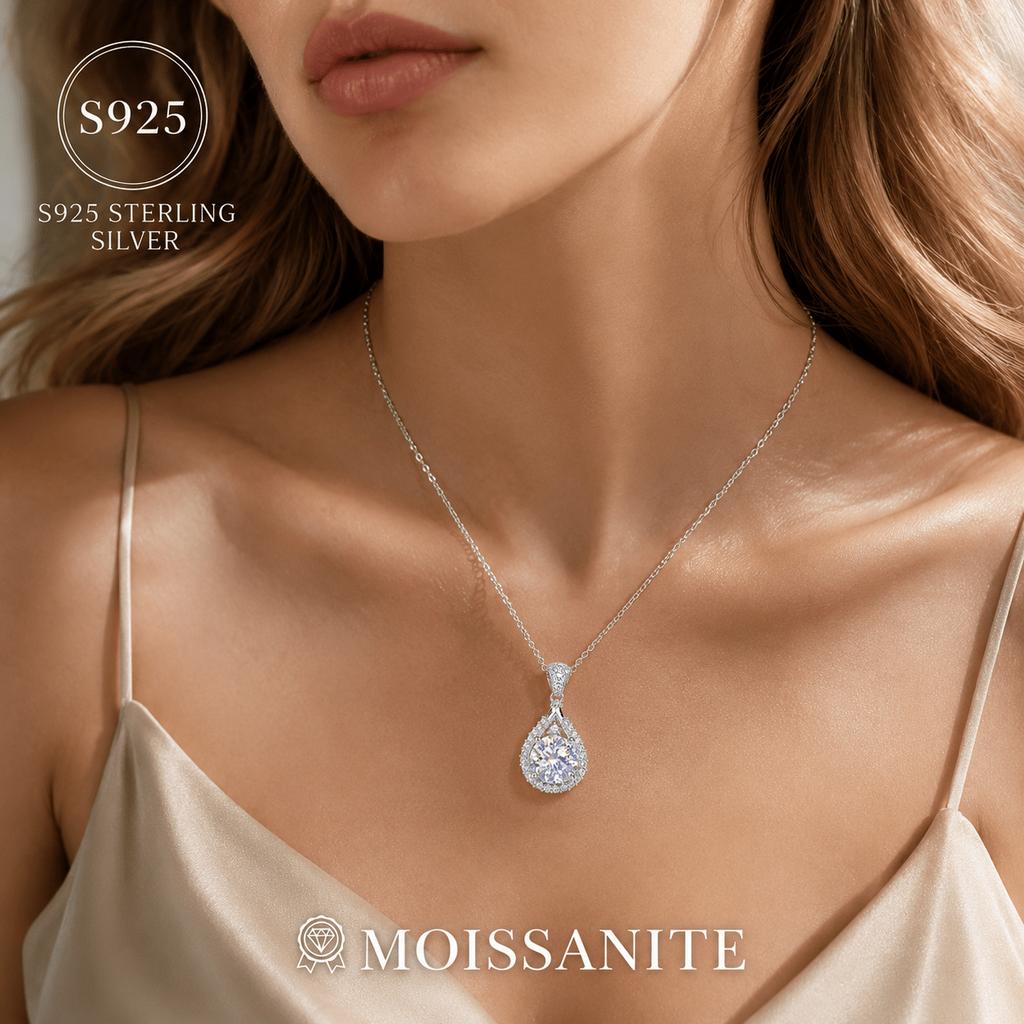 3Carat Round Moissanite Teardrop Pendant Necklace18Inch Silver Chain for Women