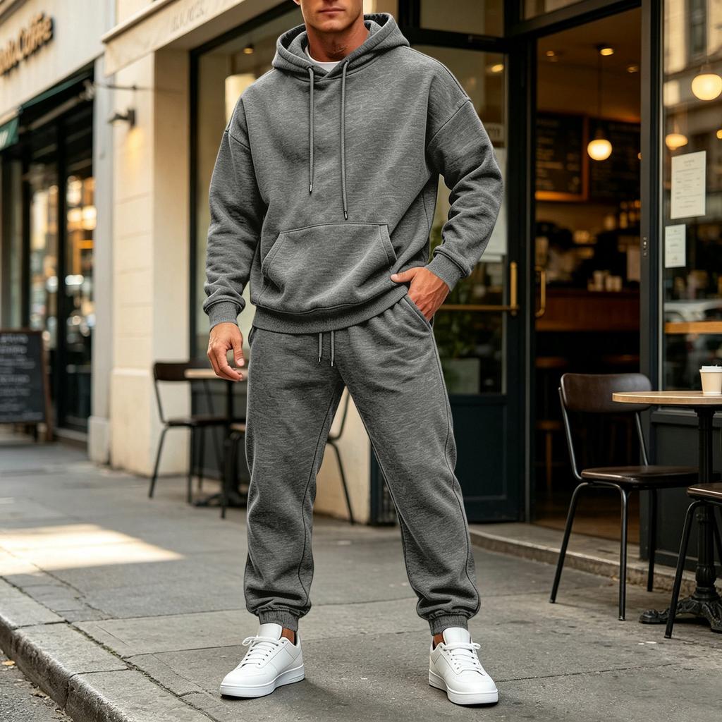 Men's Color Hoodie Set - Casual Two-Piece Track Suit for Sports and Daily Wear