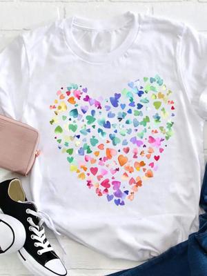 T-Shirt mit herzförmigem Muster Bequemes Elegantes Damen-T-Shirt Rundhalsausschnitt Geeignet für alle Jahreszeiten y2k Oberteil