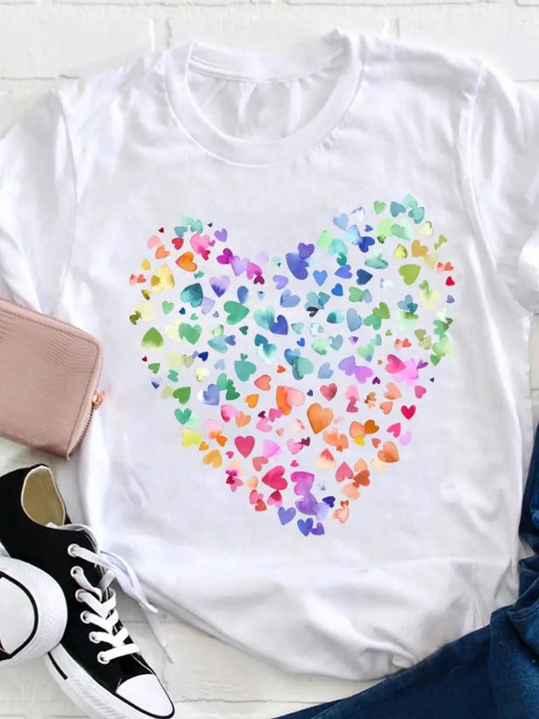 Heart shaped pattern T-Shirt Comfortable Elegant Women's T-Shirt Round Neck Suitable for All Seasons y2k top